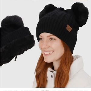 NWT CPB women’s double Pom-Pom fleece lined cable knit beanie hat, Black